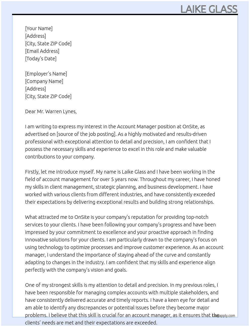 Account Manager At OnSite Cover Letter