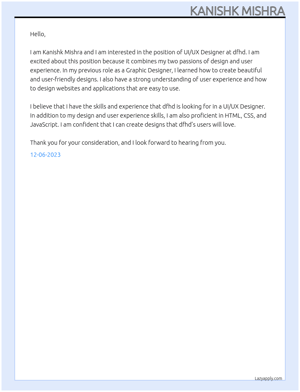UI/UX Designer At dfhd Cover Letter