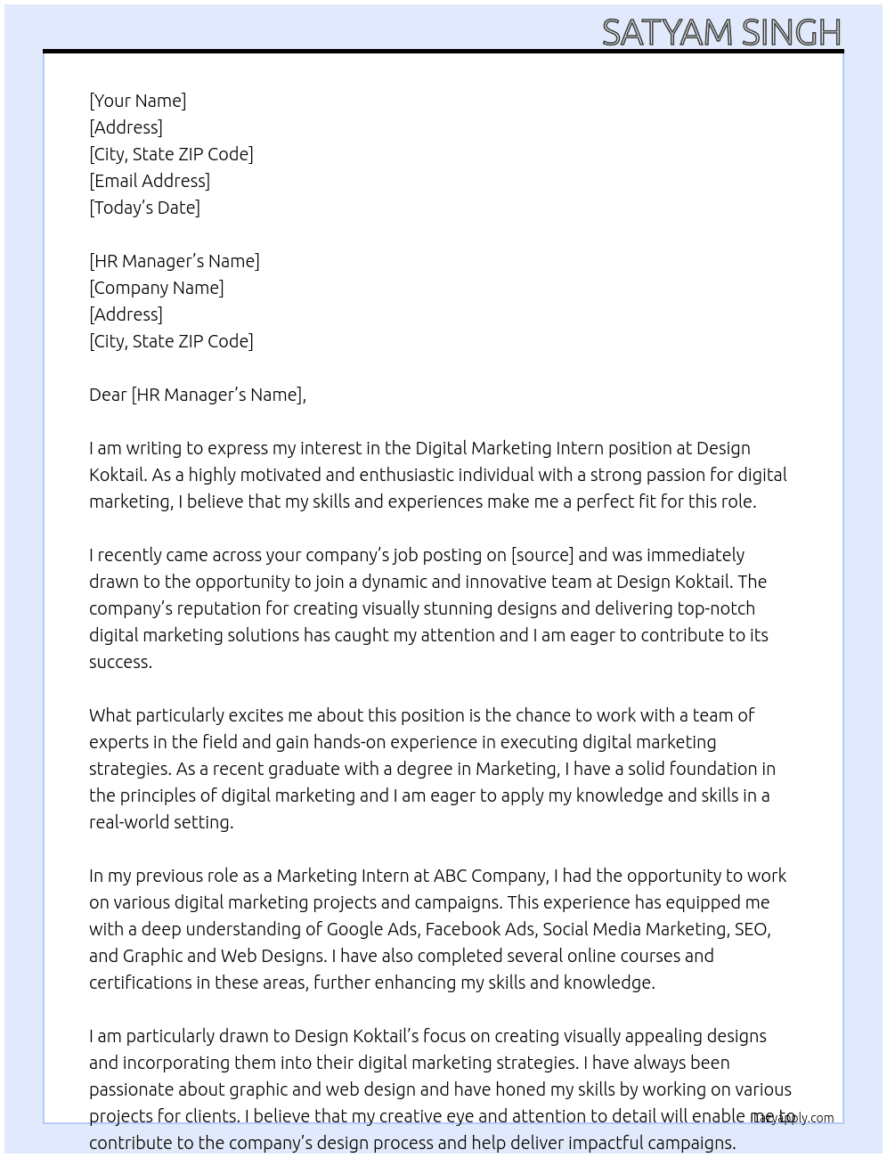Digital Marketing Intern At Design Koktail  Cover Letter