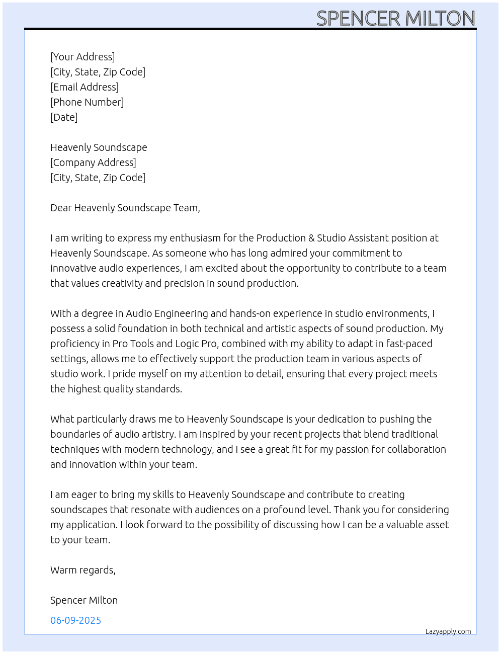Production & Studio assistant At Heavenly Soundscape Cover Letter