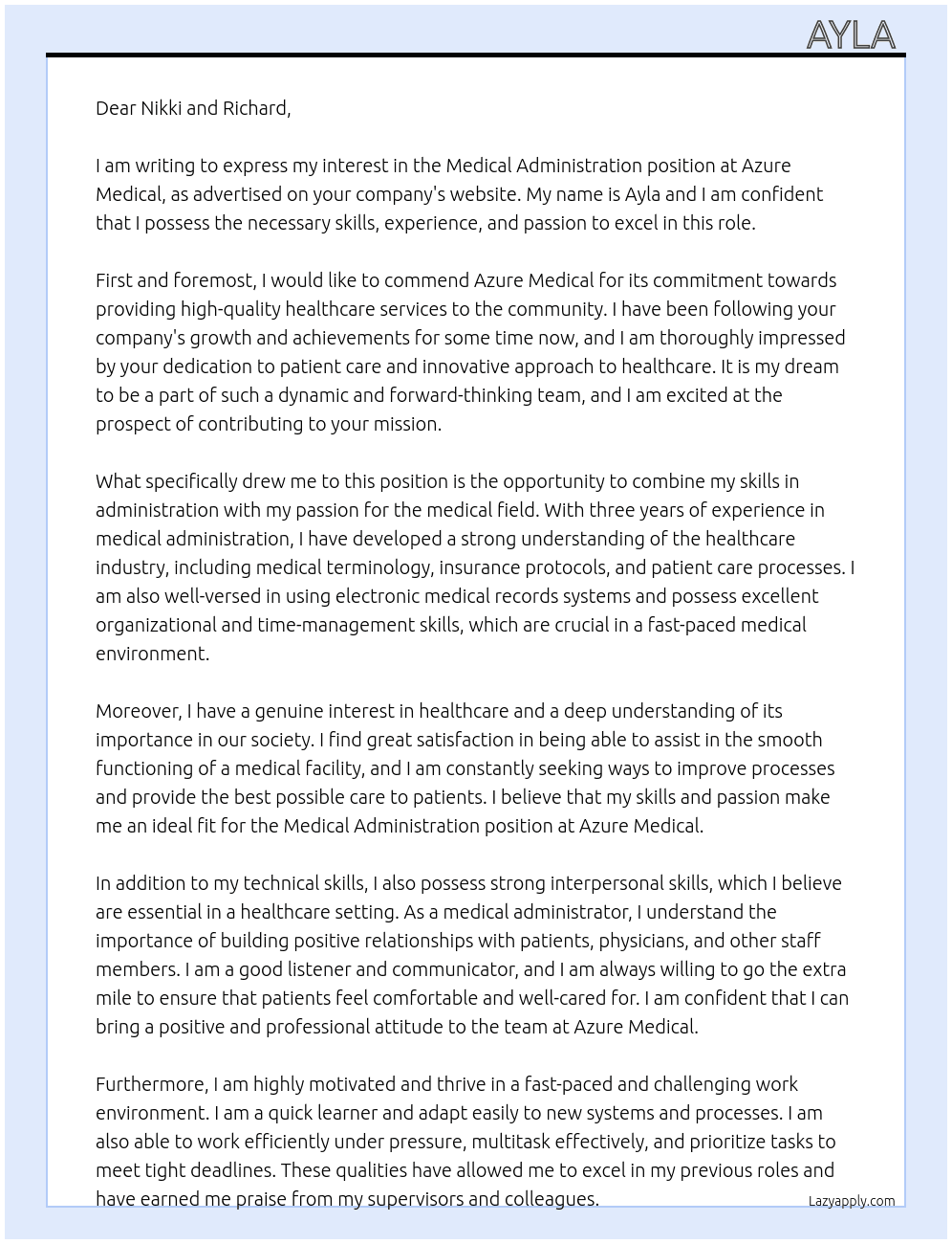 Medical administration  At Azure Medical  Cover Letter