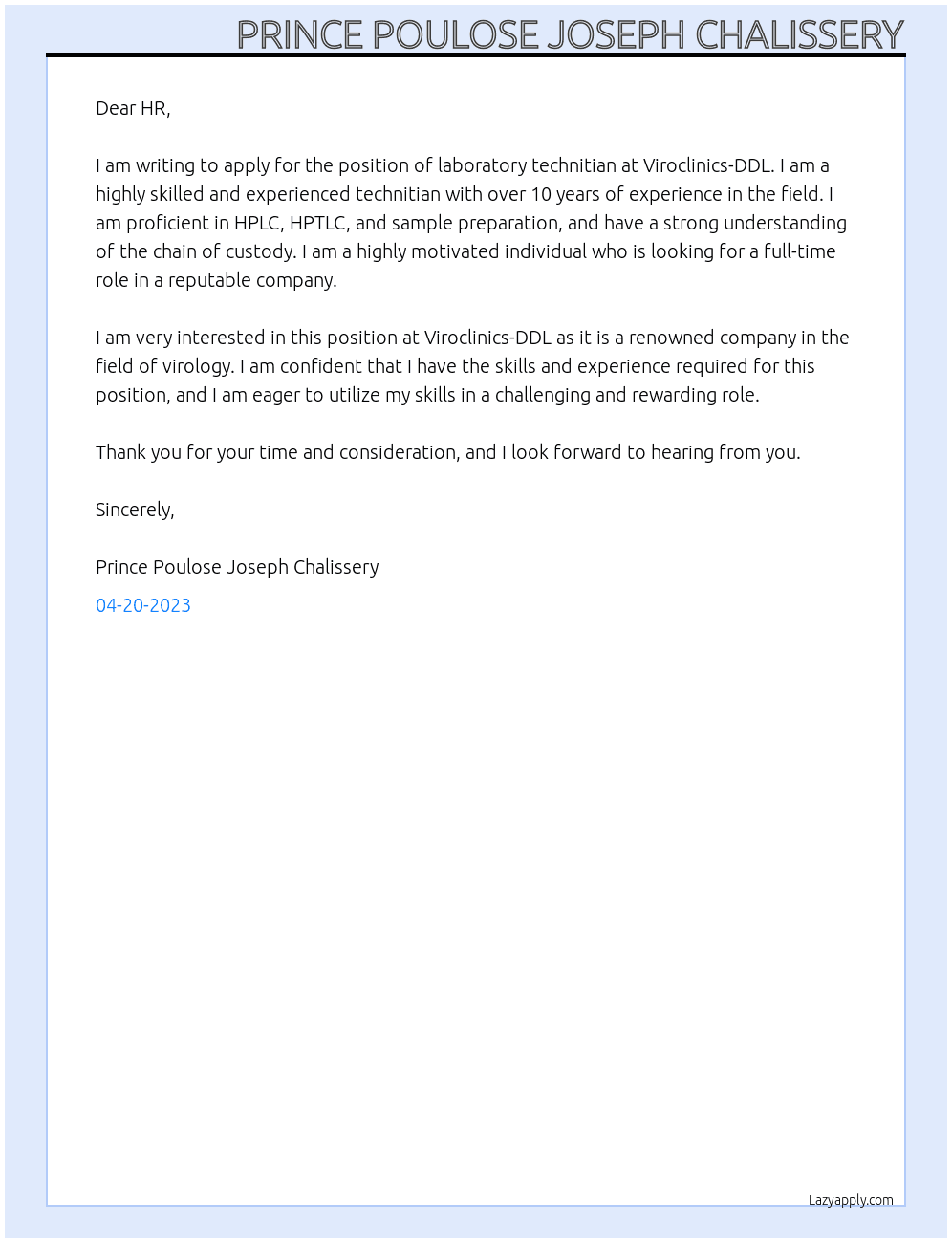 laboratory technitian At Viroclinics-DDL Cover Letter