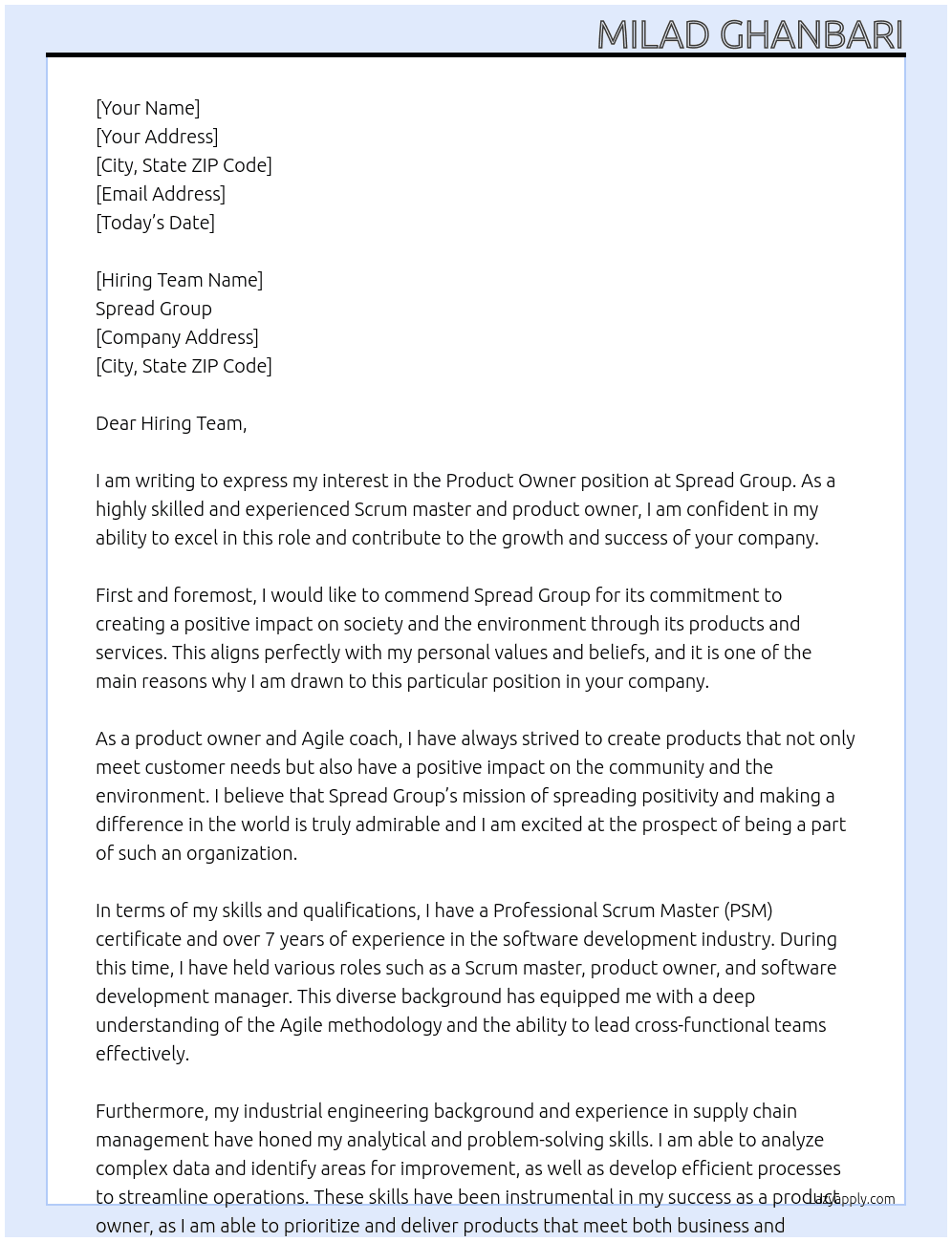 Product Owner At  Spread Group Cover Letter