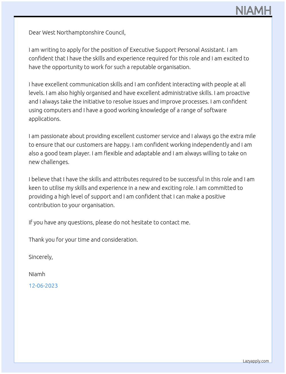 Executive Support Personal Assistant At West Northamptonshire Council Cover Letter
