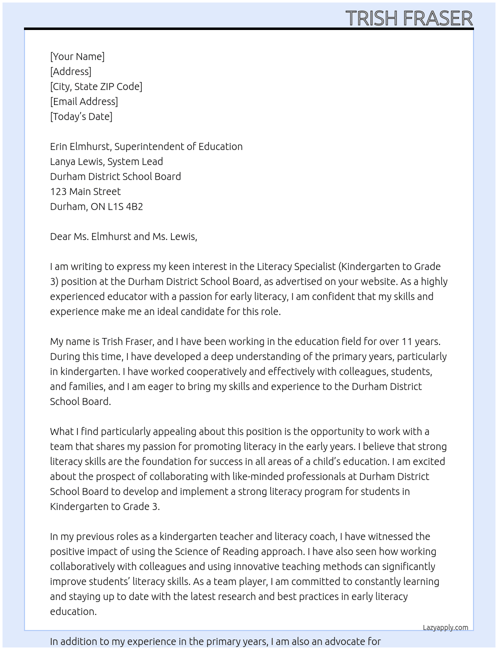 Literacy Specialist (Kindergarten to Grade 3 At Durham District School Board Cover Letter