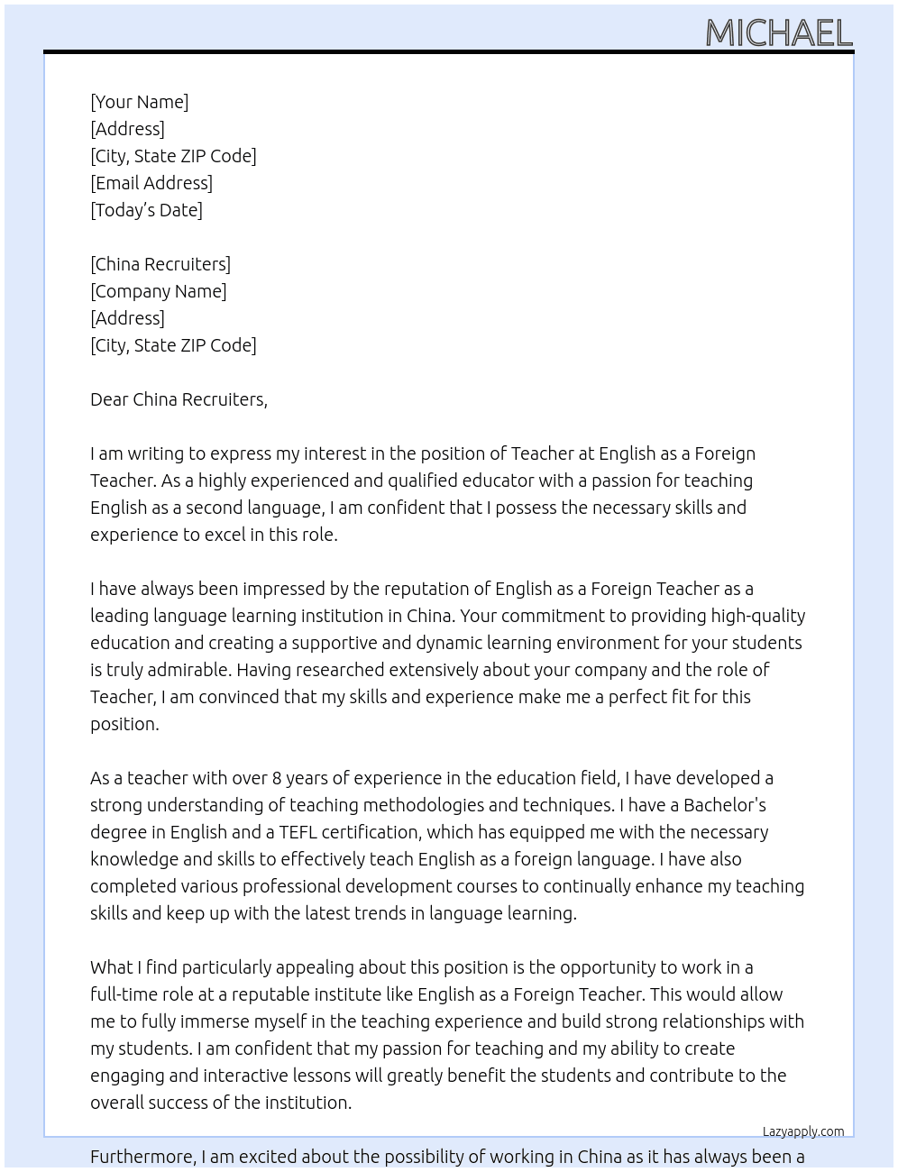 Teacher At English as a foreign teacher Cover Letter