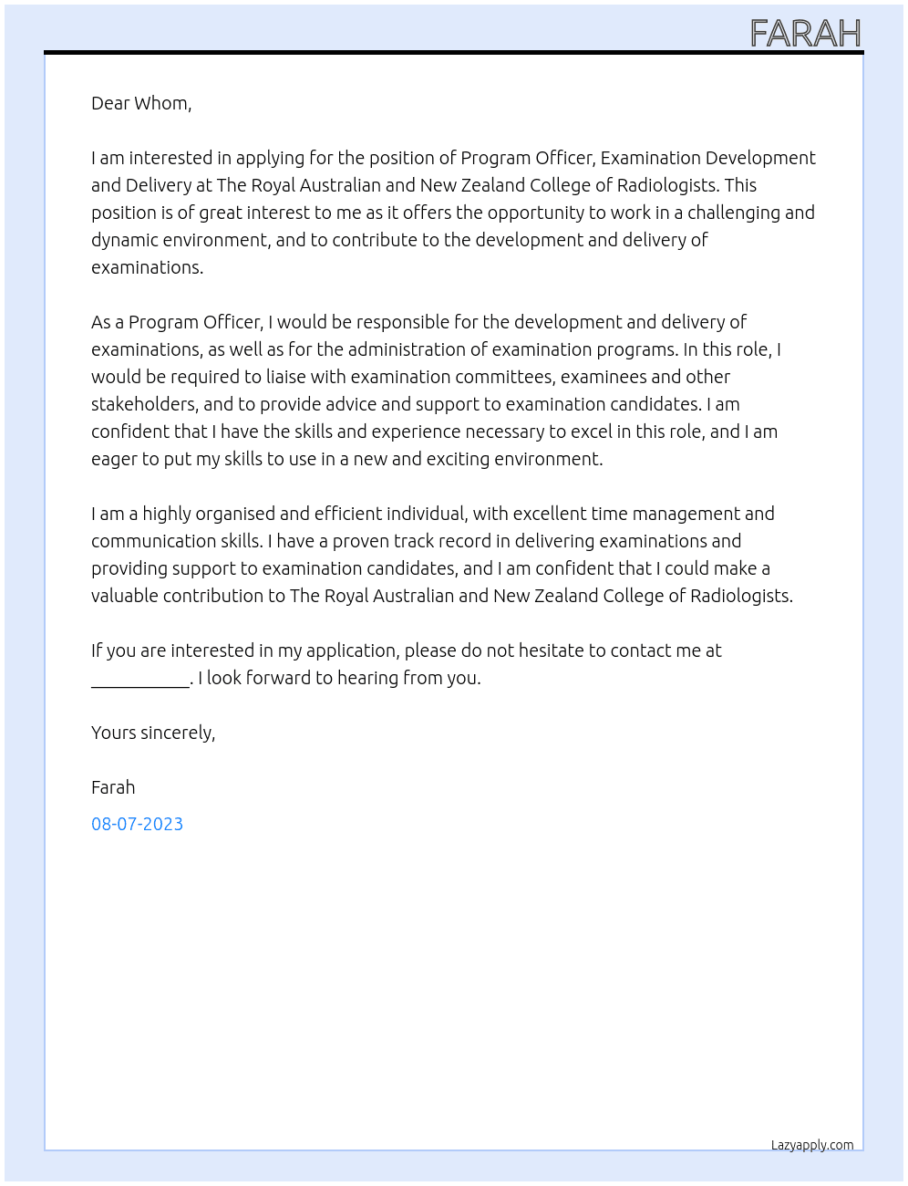 Program Officer, Examination Development and Delivery At The Royal Australian and New Zealand College of Radiologists Cover Letter