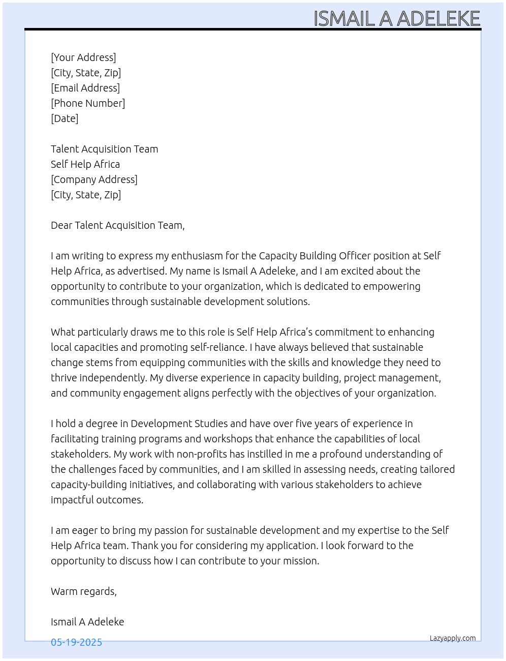 capacity building officer At self help Africa Cover Letter