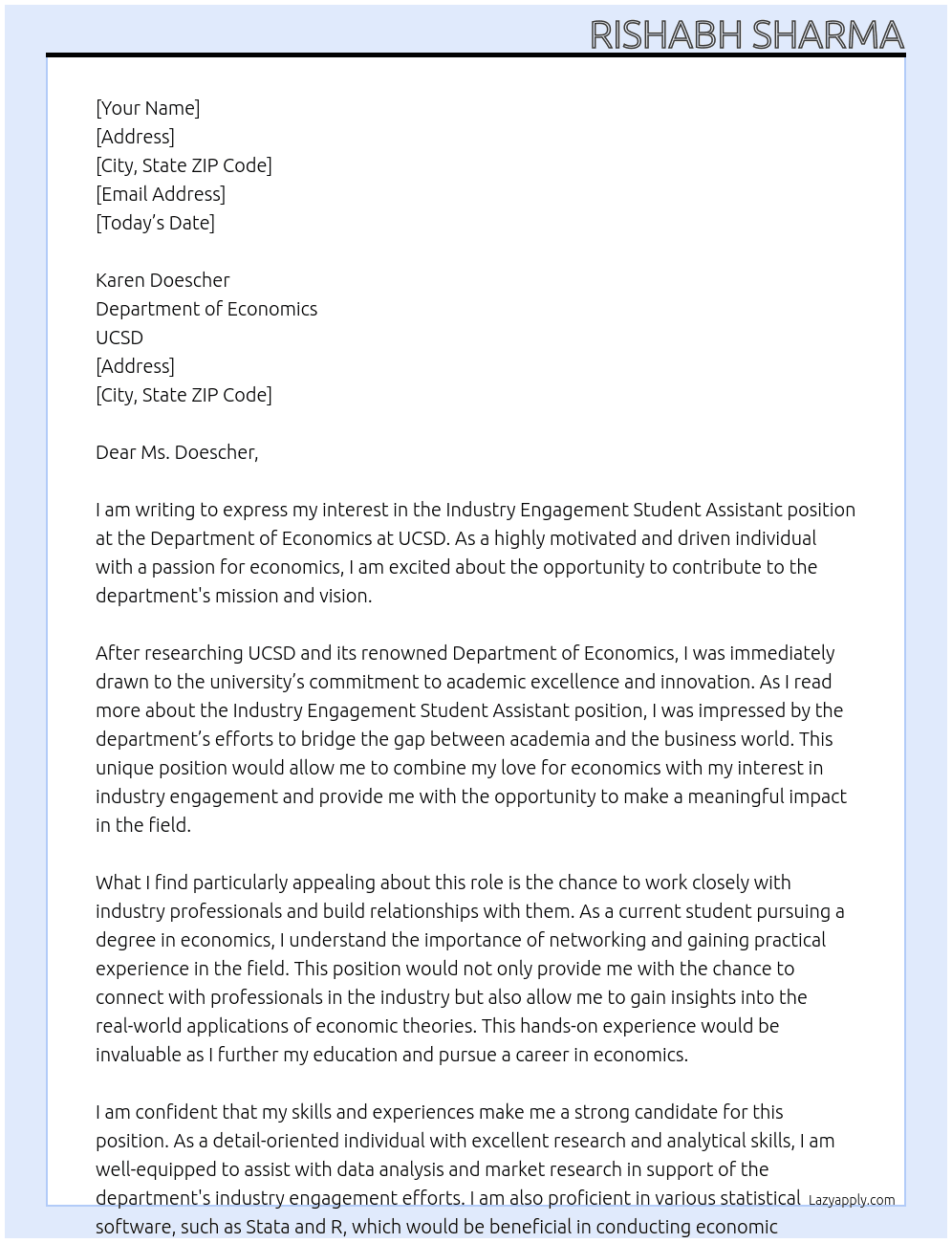 Industry Engagement Student Assistant for the Department of Economics At UCSD Cover Letter