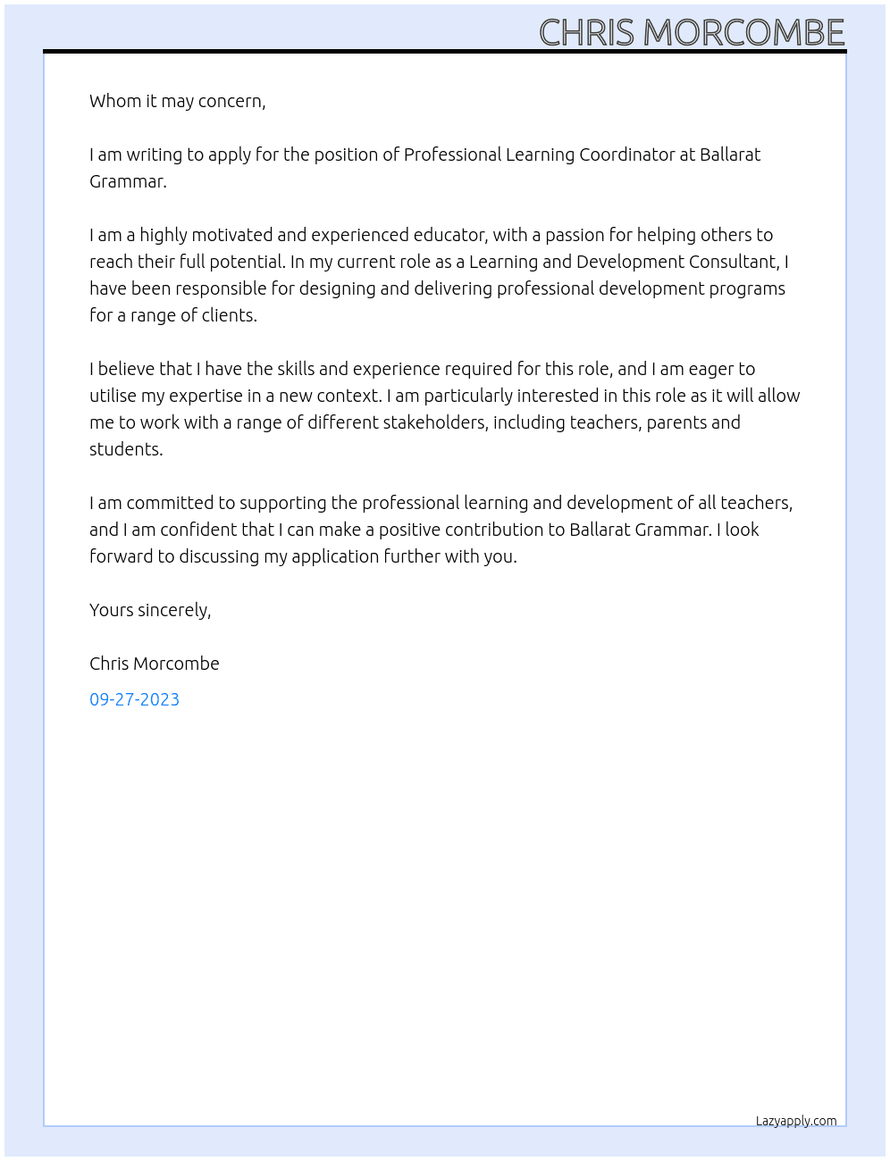 Professional Learning Coordinator At Ballarat Grammar Cover Letter