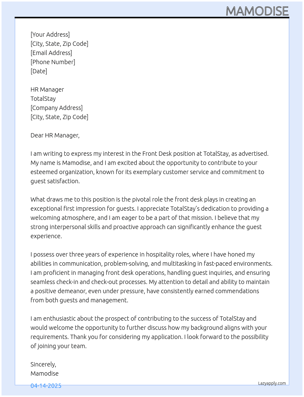 Front Desk At TotalStay Cover Letter