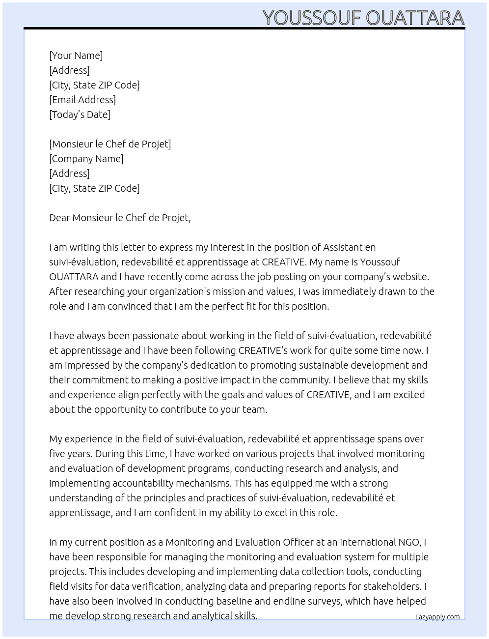 Assistant en suivi-évaluation,redevabilité et apprentissage At CREATIVE Cover Letter
