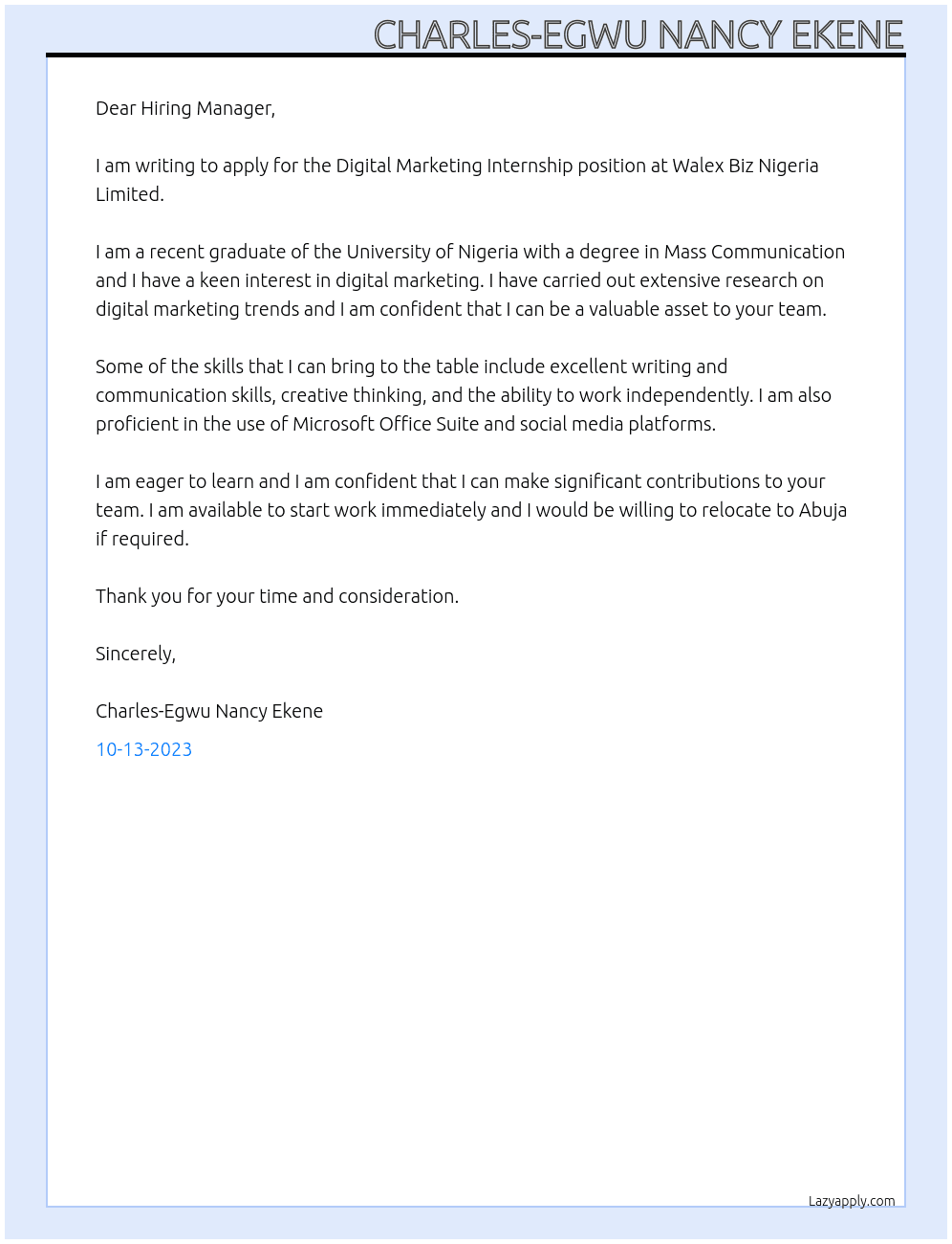 Digital marketing Internship At Walex Biz Nigeria Limited Cover Letter
