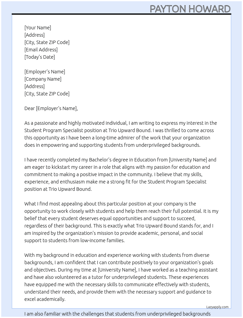 Student program specialist  At Trio Upward Bound  Cover Letter