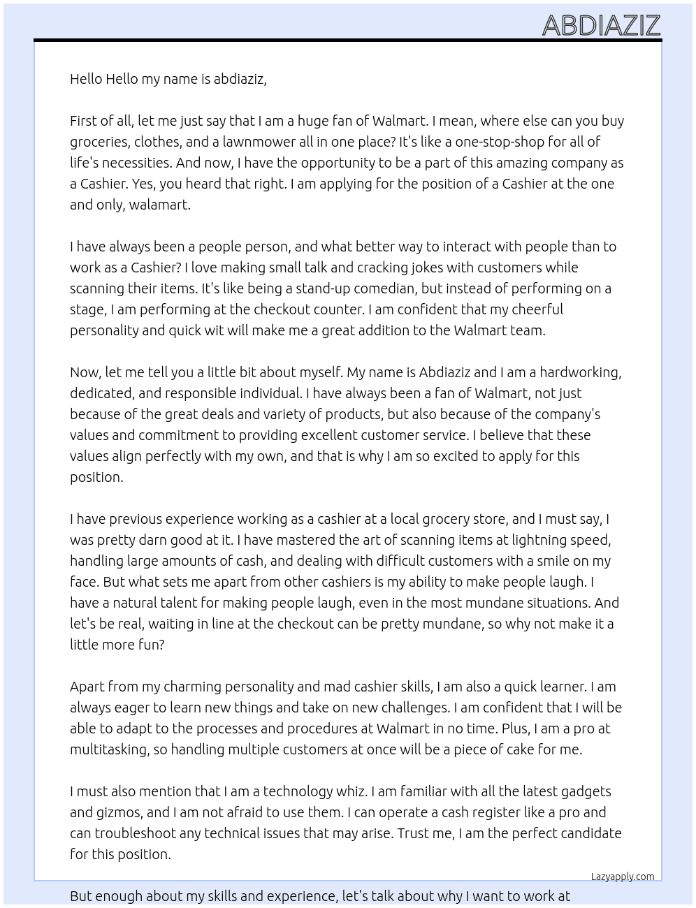 Cashier At walamart Cover Letter