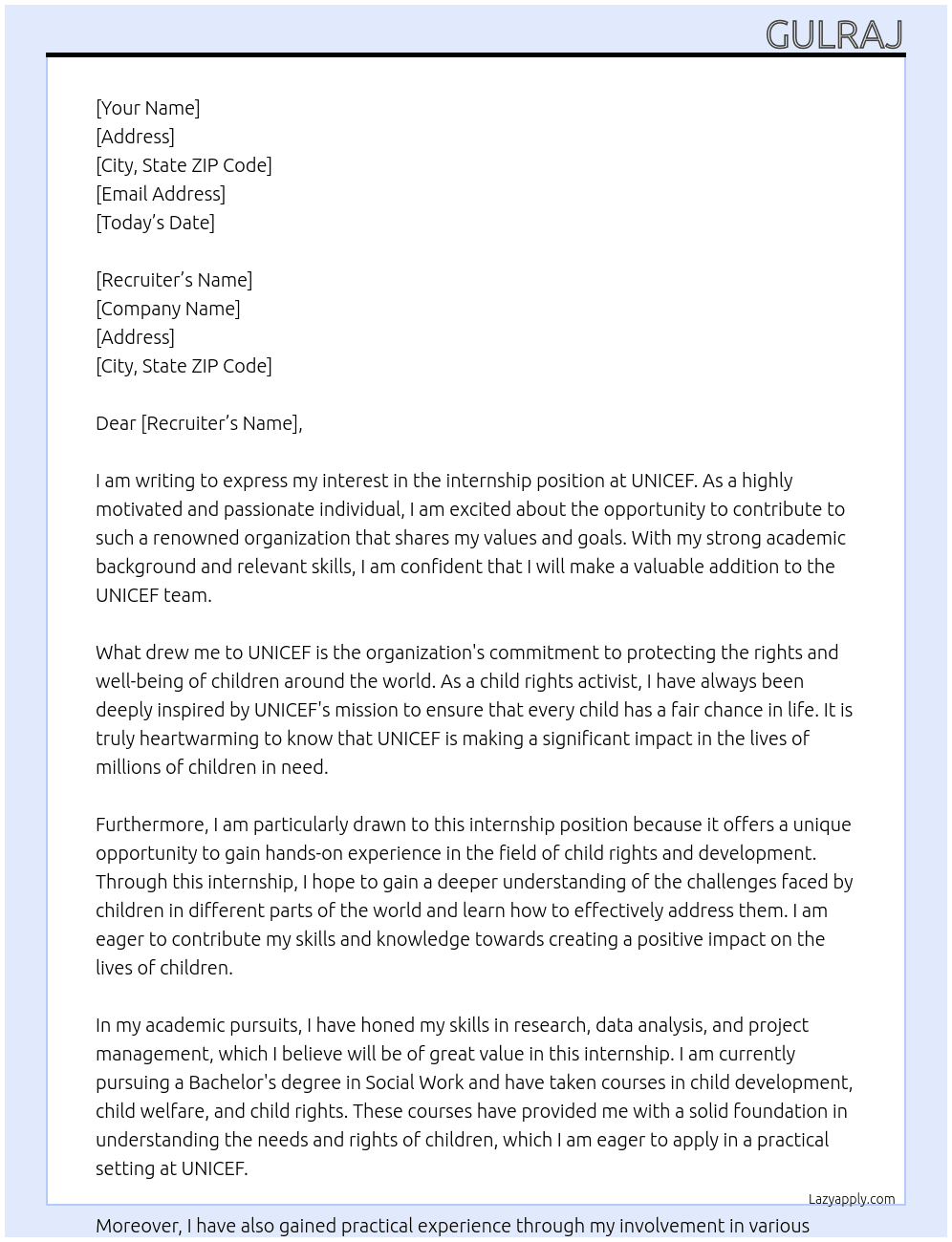 intership At unicef Cover Letter