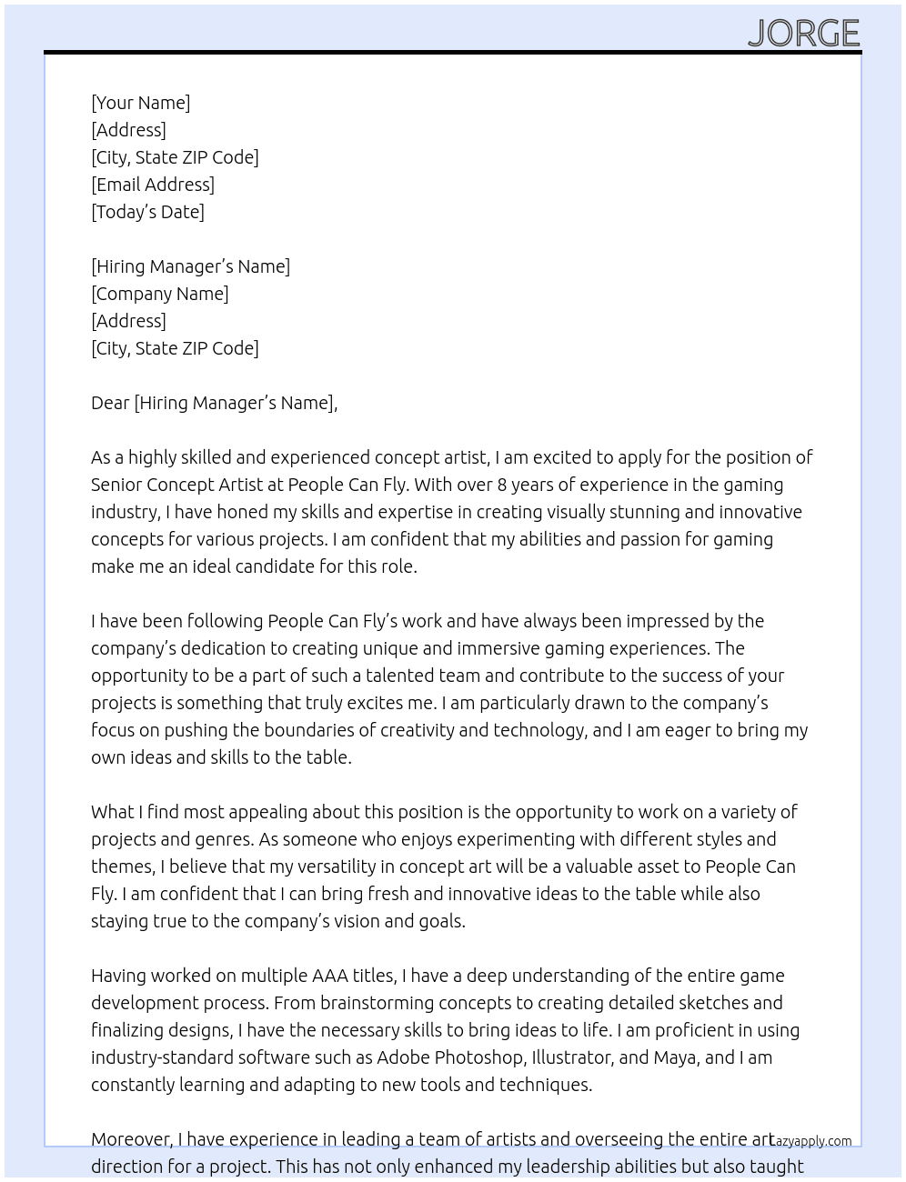 Senior concept artist At people can fly Cover Letter