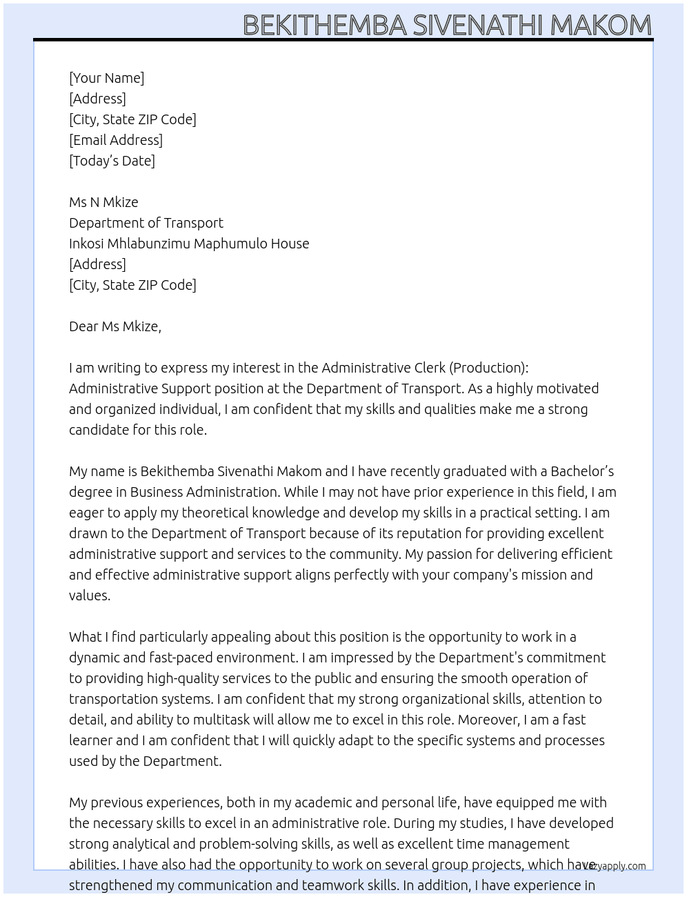 ADMINISTRATIVE CLERK (PRODUCTION): ADMINISTRATIVE SUPPORT  At Department of transport Cover Letter