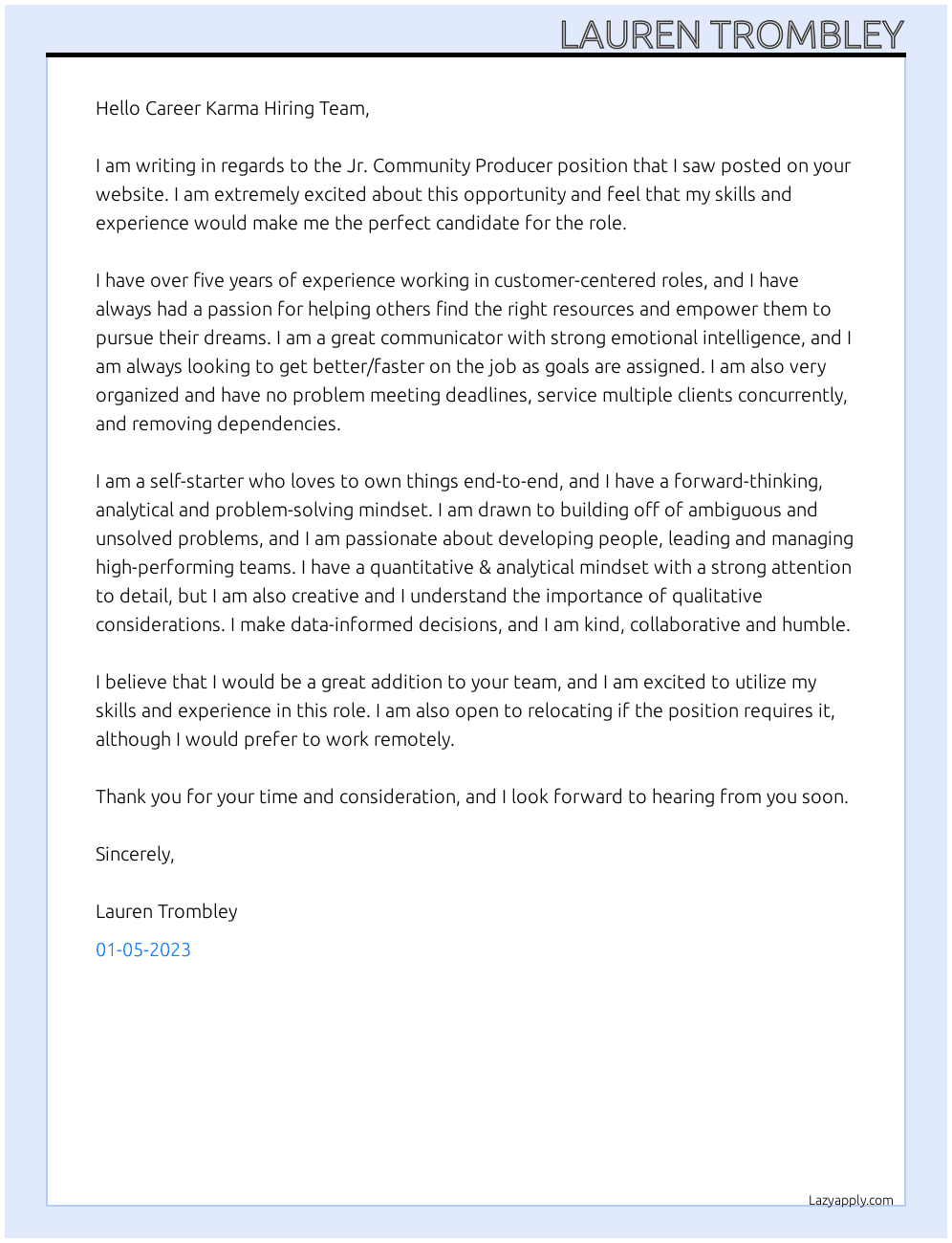 Jr. Community Producer At Career Karma Cover Letter