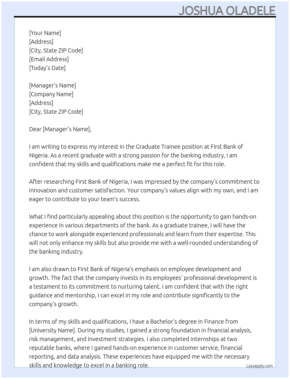 Graduate Traniee At First Bank of Nigeria Cover Letter