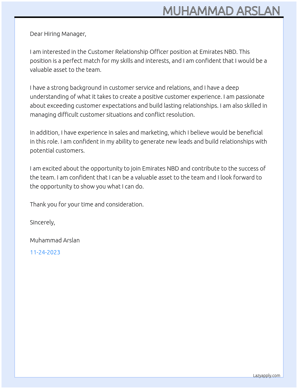 Customer Relationship Officer  At Emirates NBD Cover Letter