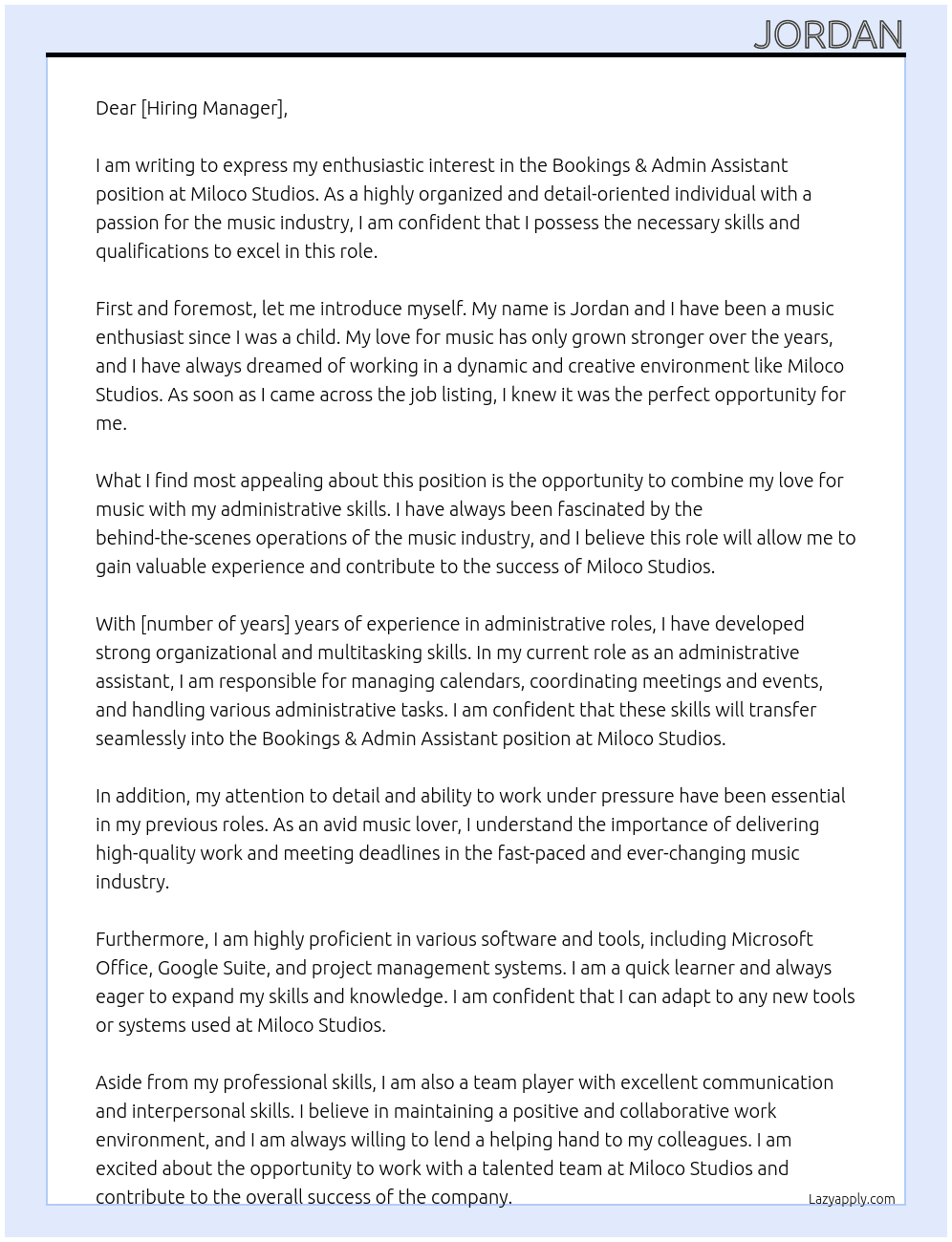 BOOKINGS & ADMIN ASSISTANT At MILOCO STUDIOS Cover Letter