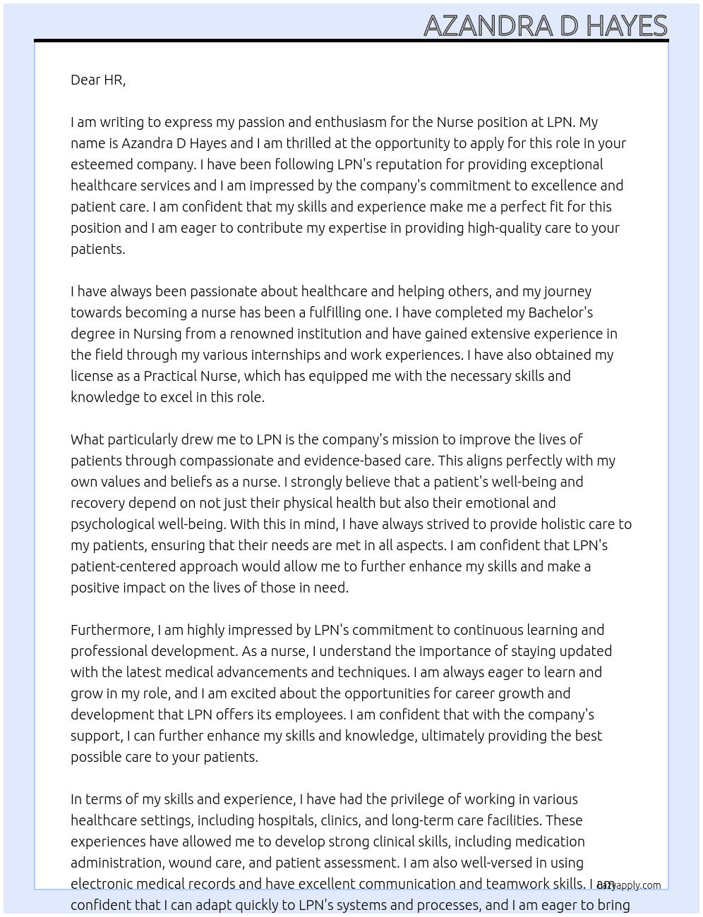 nurse At LPN  Cover Letter