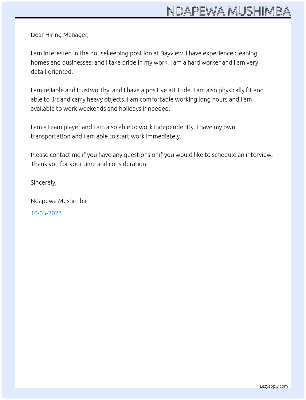 House keeper At Bayview Cover Letter