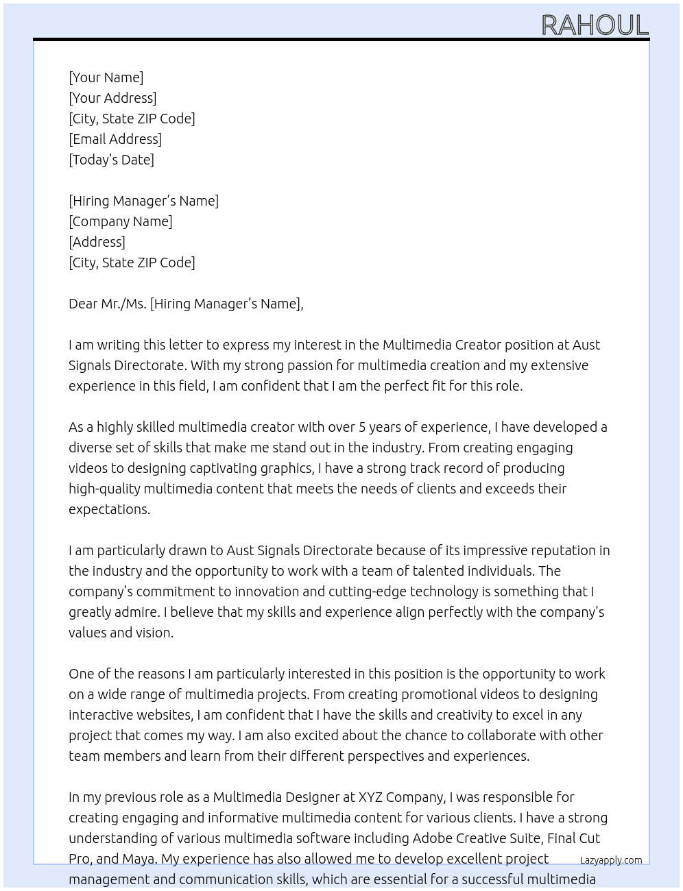 multimedia creator At aust signals directorate Cover Letter