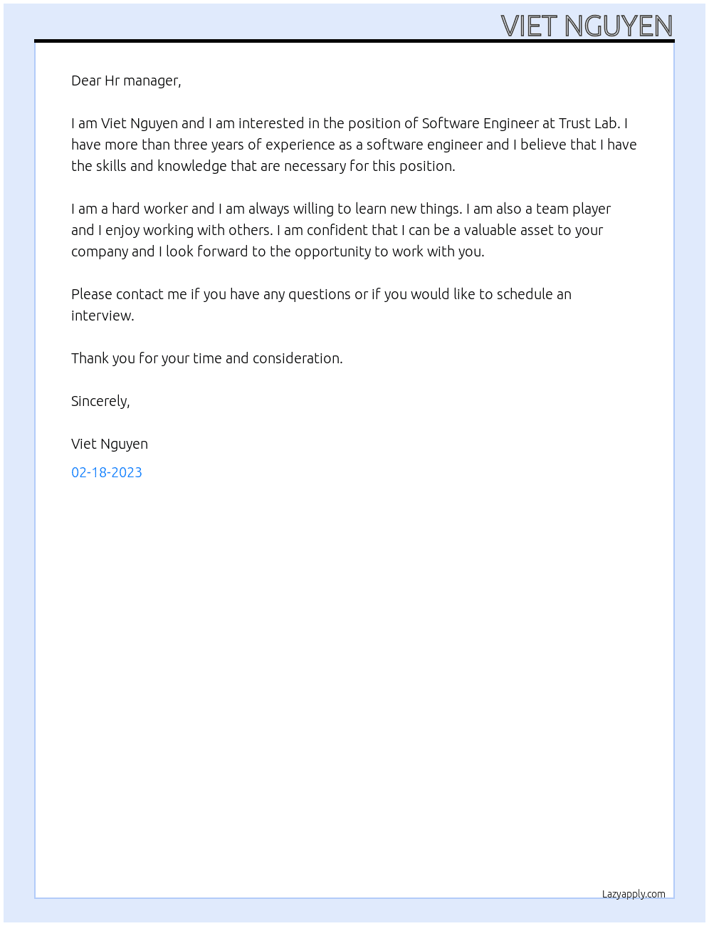 Software Engineer At Trust Lab Cover Letter