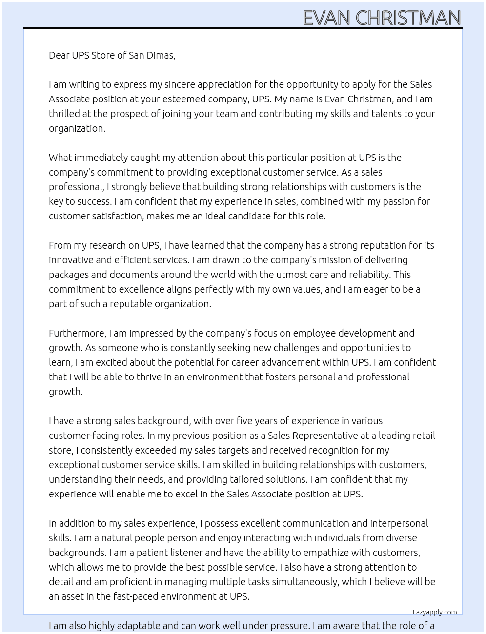 Sales Associate At UPS Cover Letter