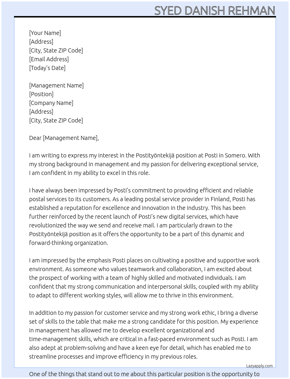 Postityöntekijä, Somero At Posti  Cover Letter