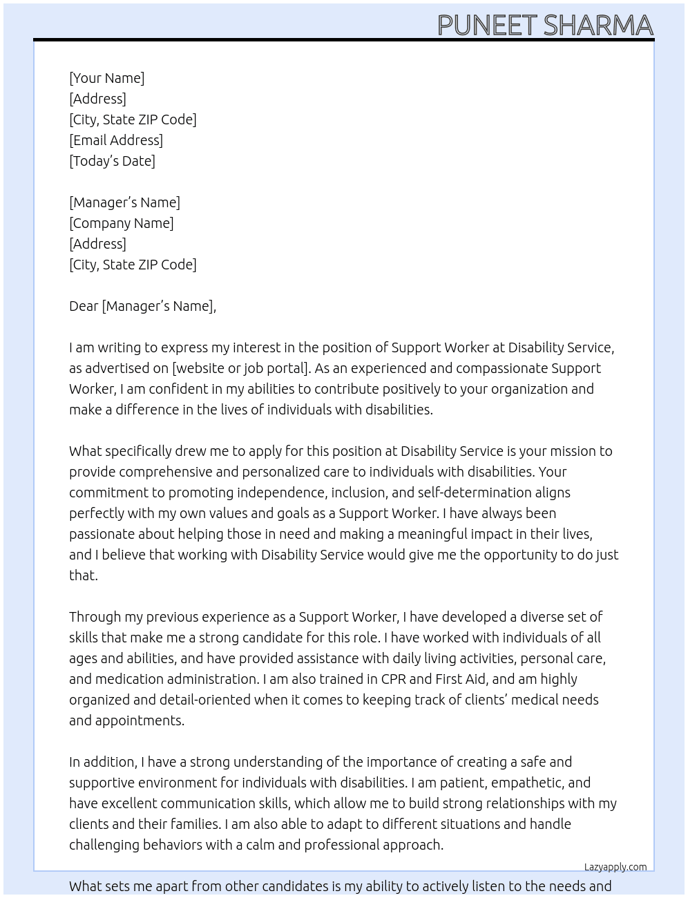 Support Worker At Disability Service Cover Letter