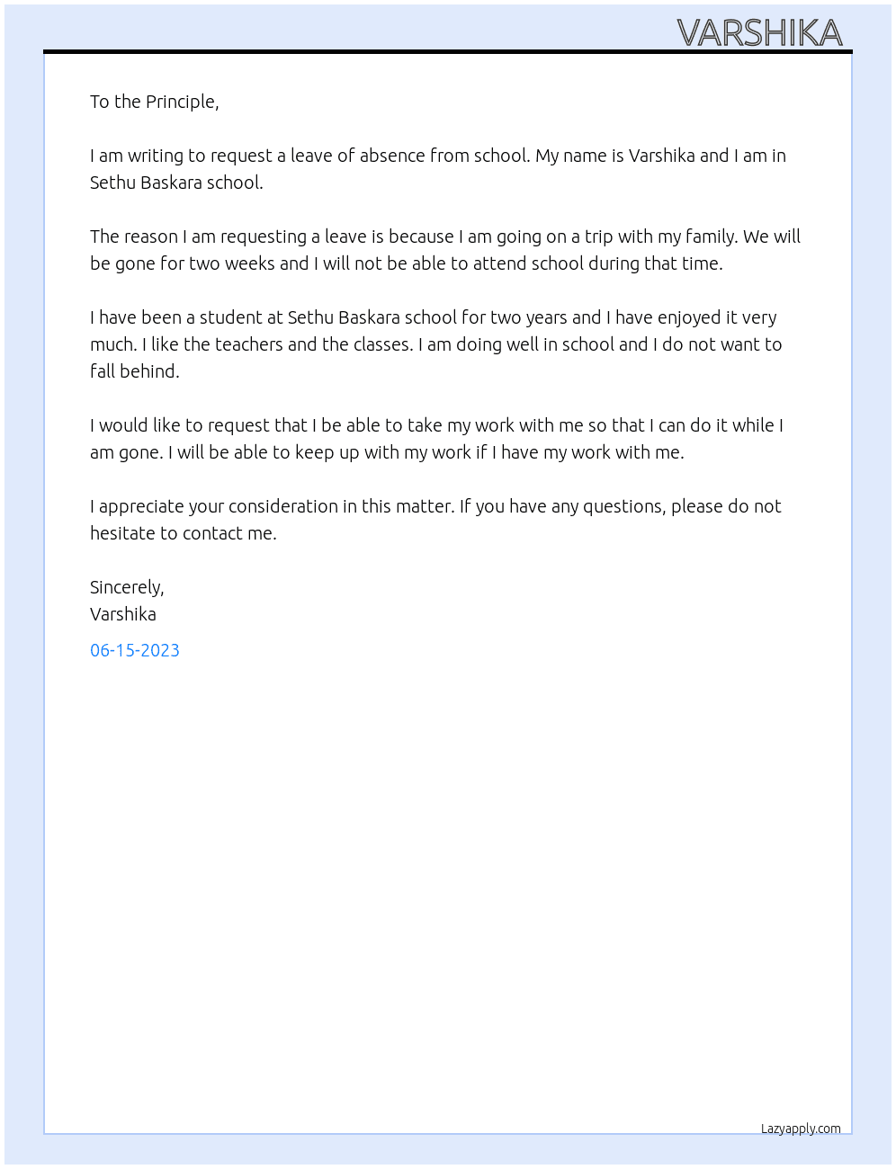 Requesting leave  At Sethu baskara school Cover Letter