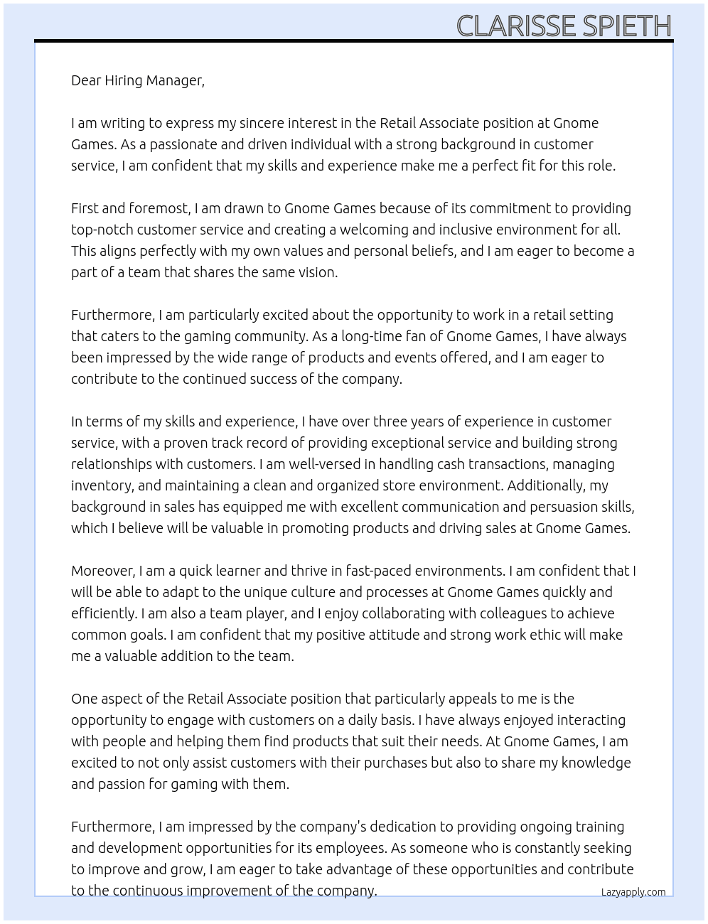 Retail Associate At Gnome Games Cover Letter