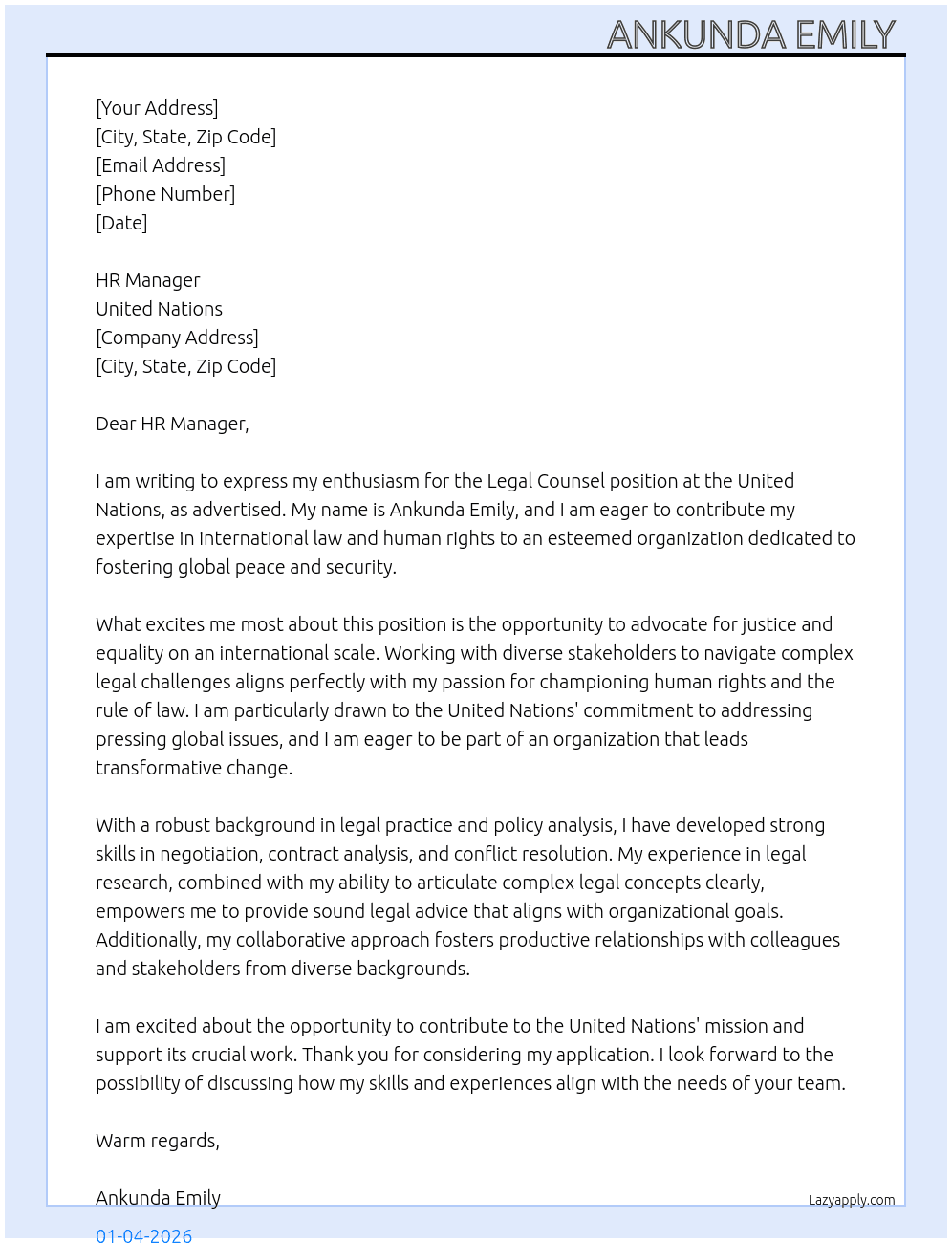 Legal counsel At UNITED NATIONS Cover Letter