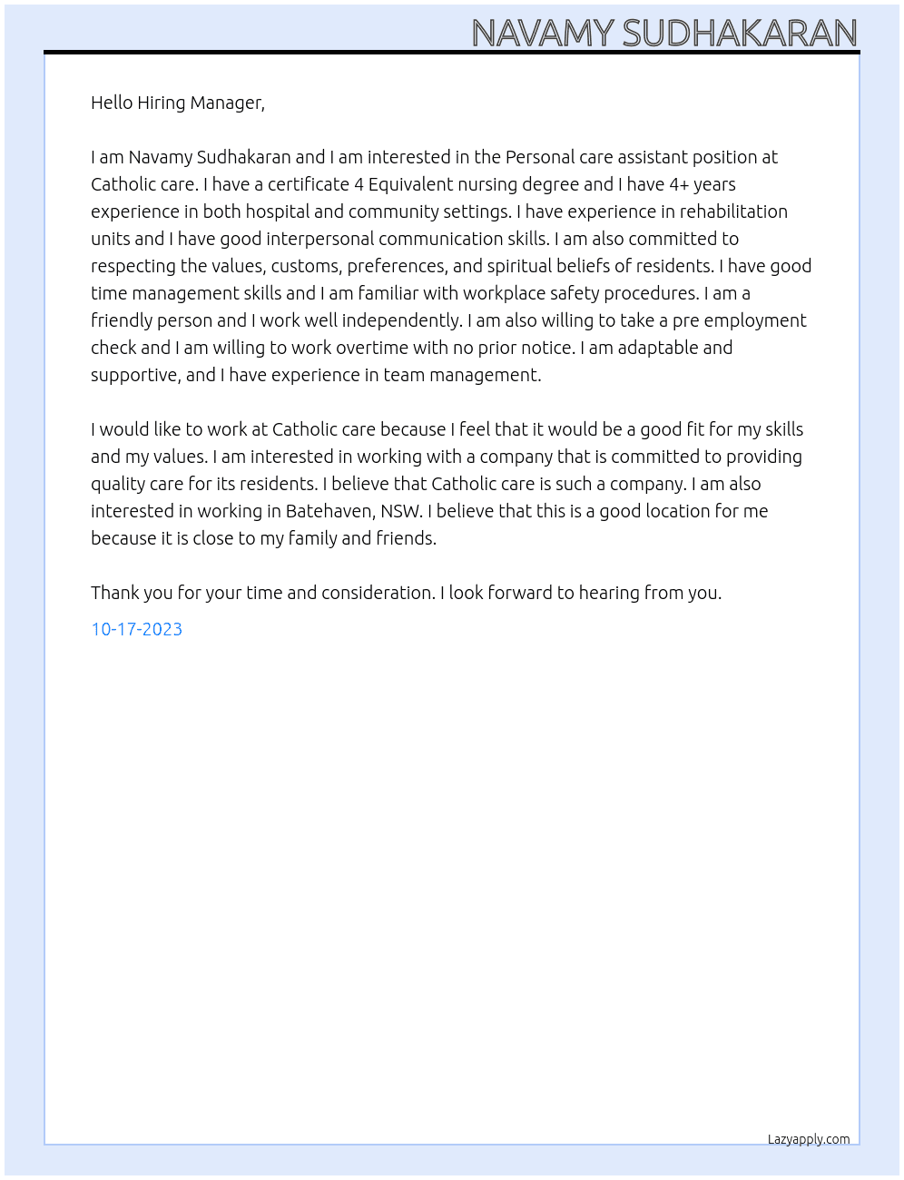 Personal care assistant At Catholic care Cover Letter