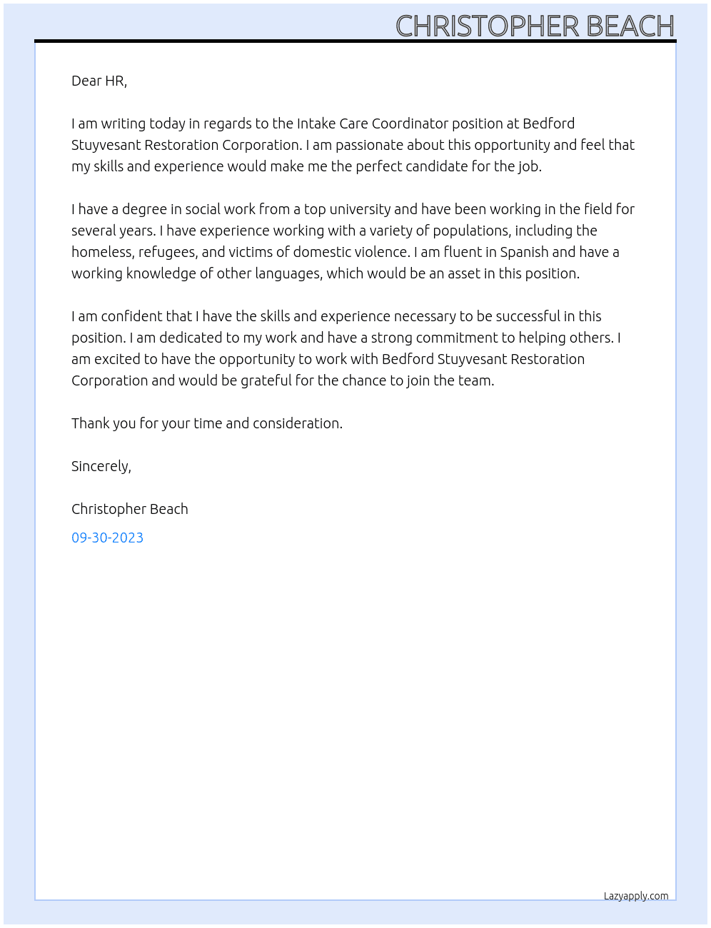 Intake Care Coordinator At Bedford Stuyvesant Restoration Corporation Cover Letter