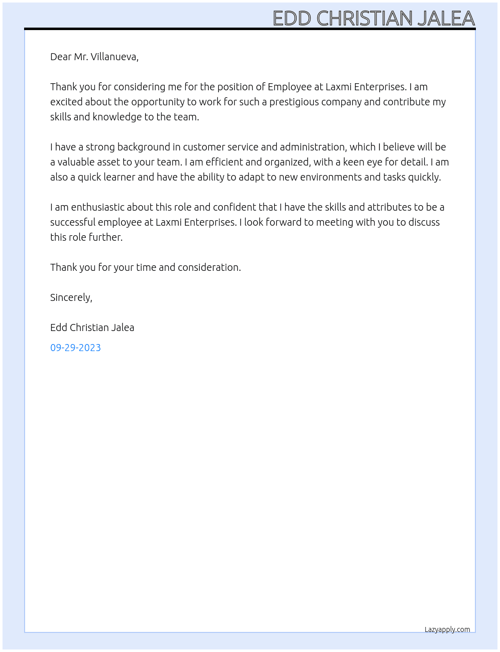 Employee At Laxmi Enterprises  Cover Letter