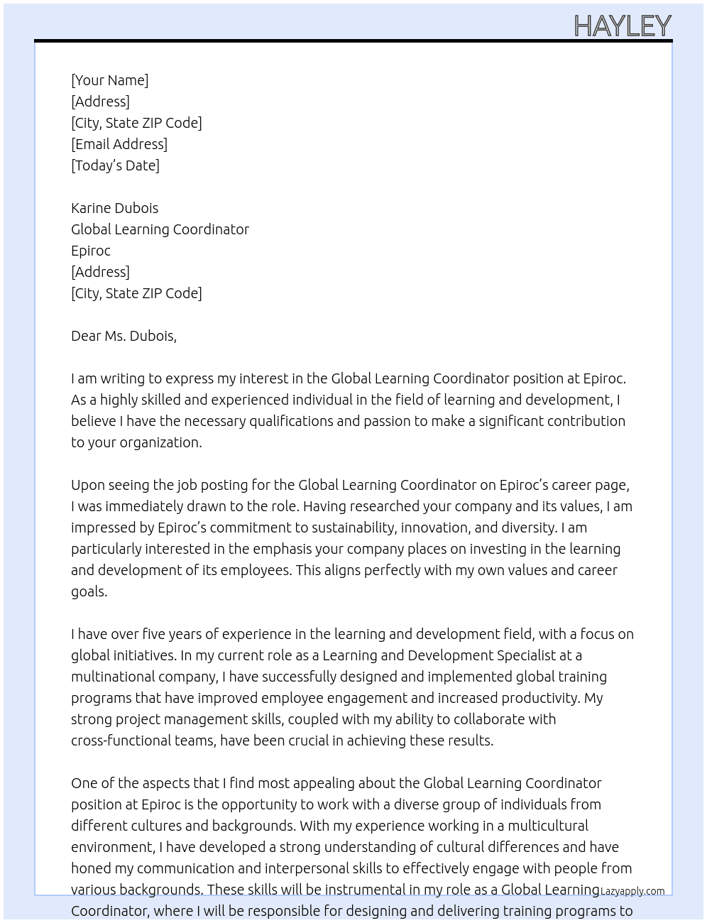 Global Learning Coordinator At Epiroc Cover Letter