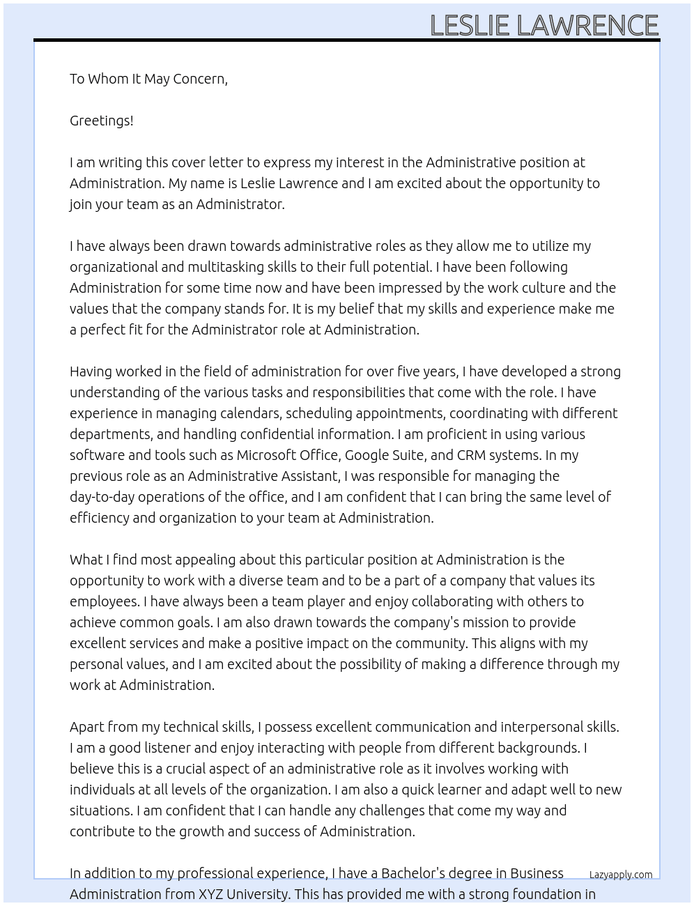 Administrative  At Administration  Cover Letter