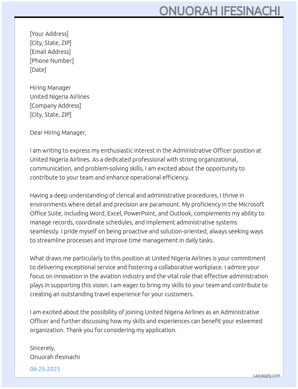 Administrative officer At United Nigeria Airlines  Cover Letter
