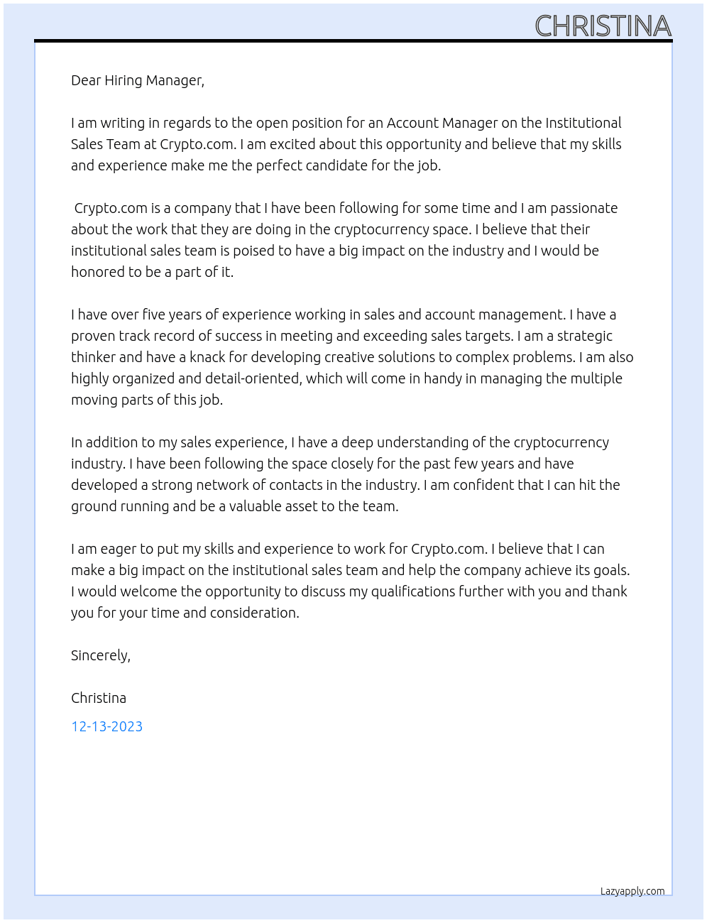 Account Manager - Institutional Sales Team At Crypto.com Cover Letter