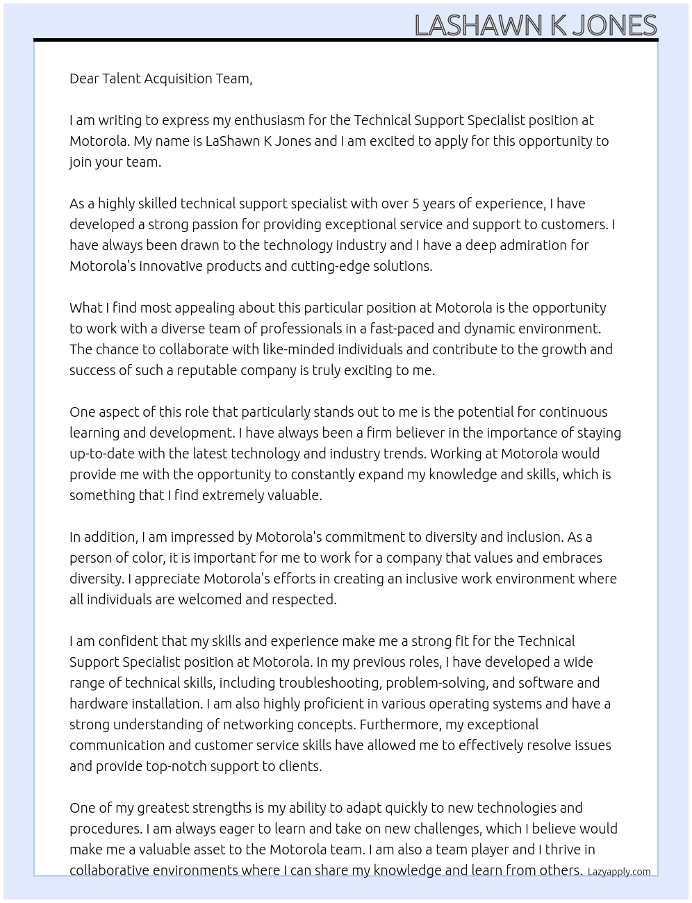 Technical Support Specialist At Motorola Cover Letter