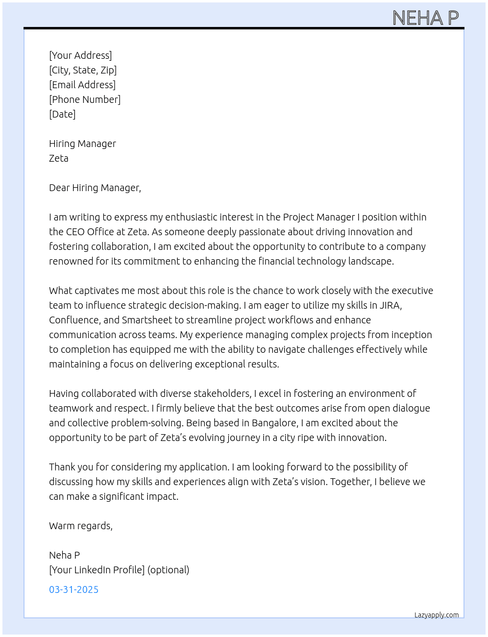 Project Manager I, CEO Office At Zeta Cover Letter