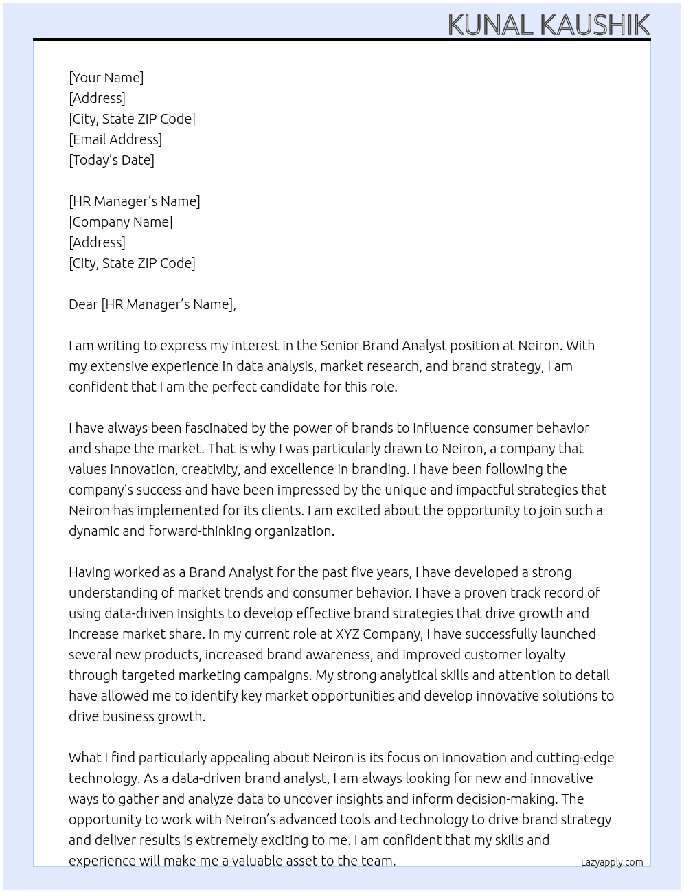 Senior Brand Analyst At neiron Cover Letter
