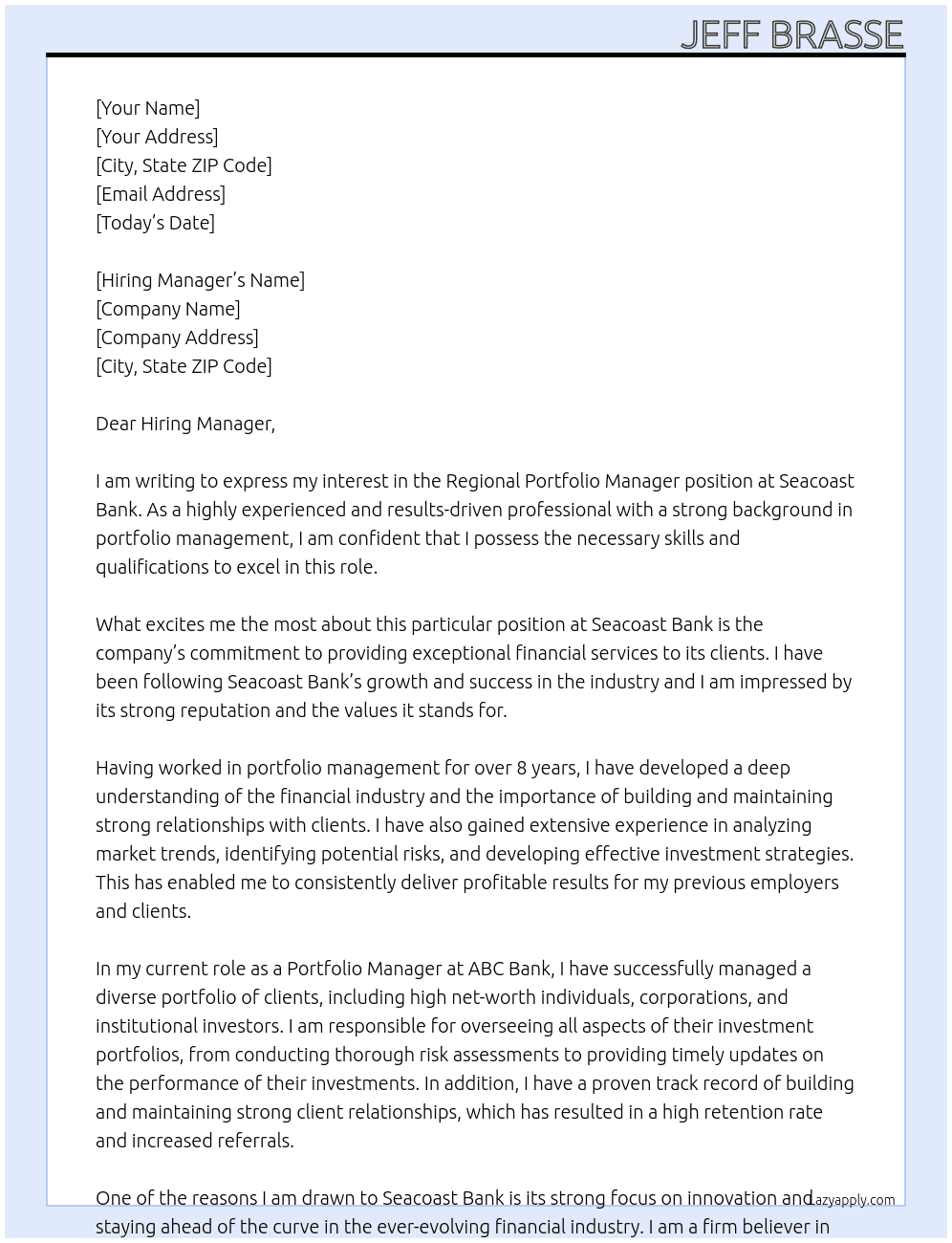 Regional Portfolio Manager At Seacoast Bank Cover Letter