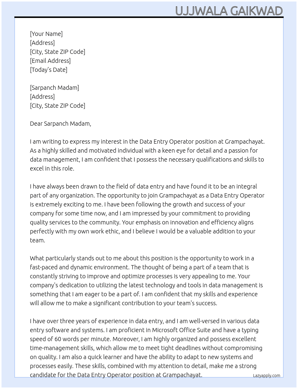 DATA ENTRY OPERATOR At GRAMPANCHAYAT Cover Letter