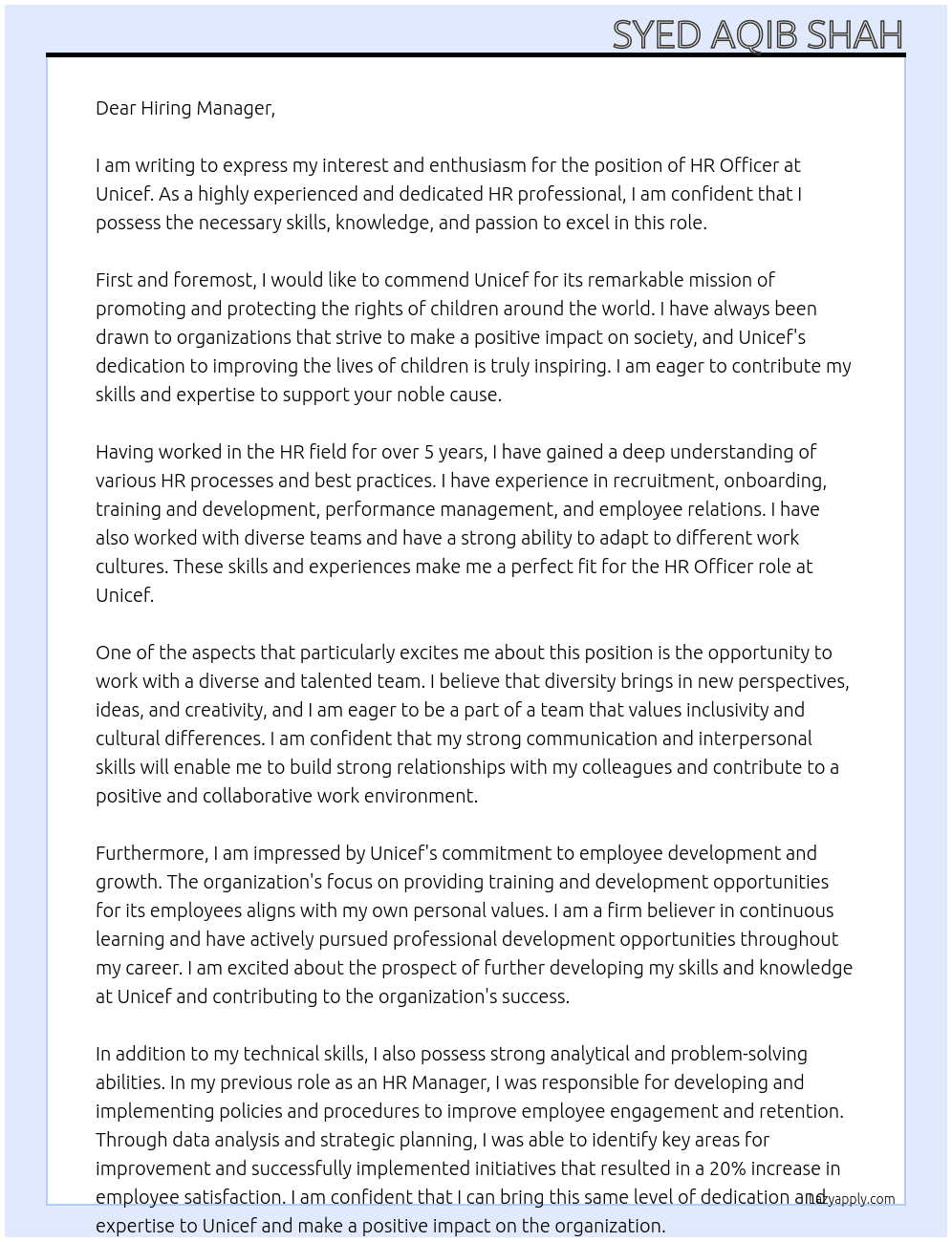 HR Officer At Unicef  Cover Letter