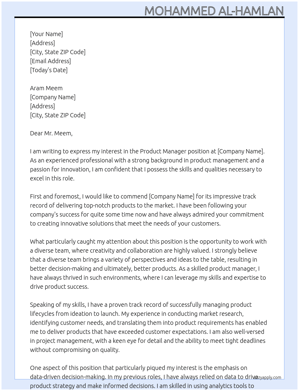product manager At To You Cover Letter